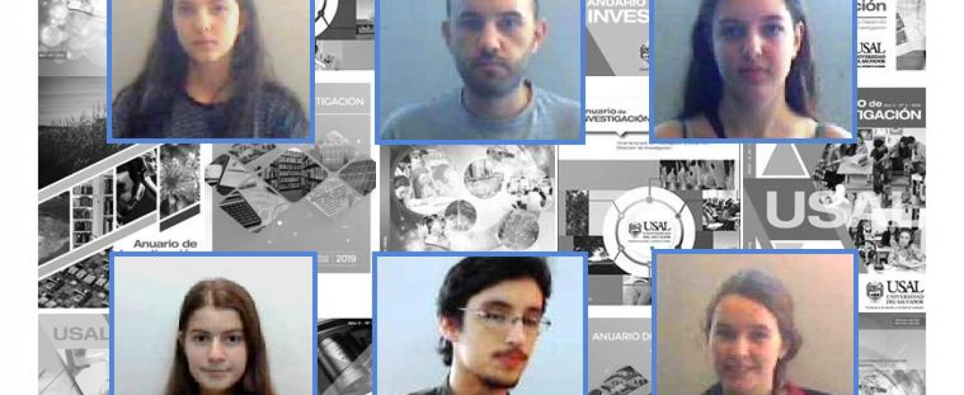 María Victoria Campos, Diego Espejo, María Sol Farías, María Trinidad Ferrari, Jeremías Jauregui y Mercedes Serra, con fondo anuarios USAL.