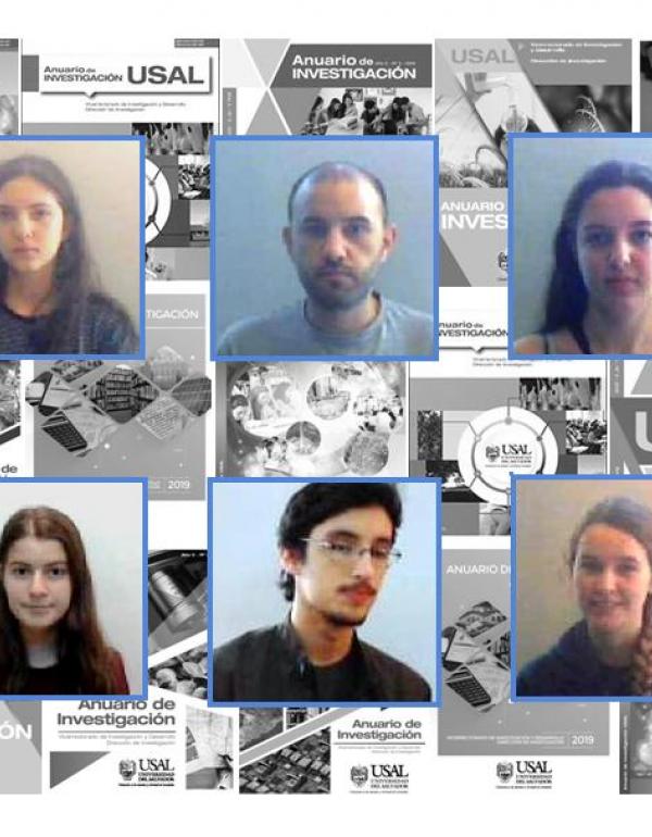 María Victoria Campos, Diego Espejo, María Sol Farías, María Trinidad Ferrari, Jeremías Jauregui y Mercedes Serra, con fondo anuarios USAL.